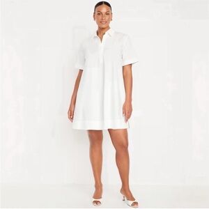Womens Old Navy White Cotton Button-Up Short Sleeve Pockets Swing Shirt Dress